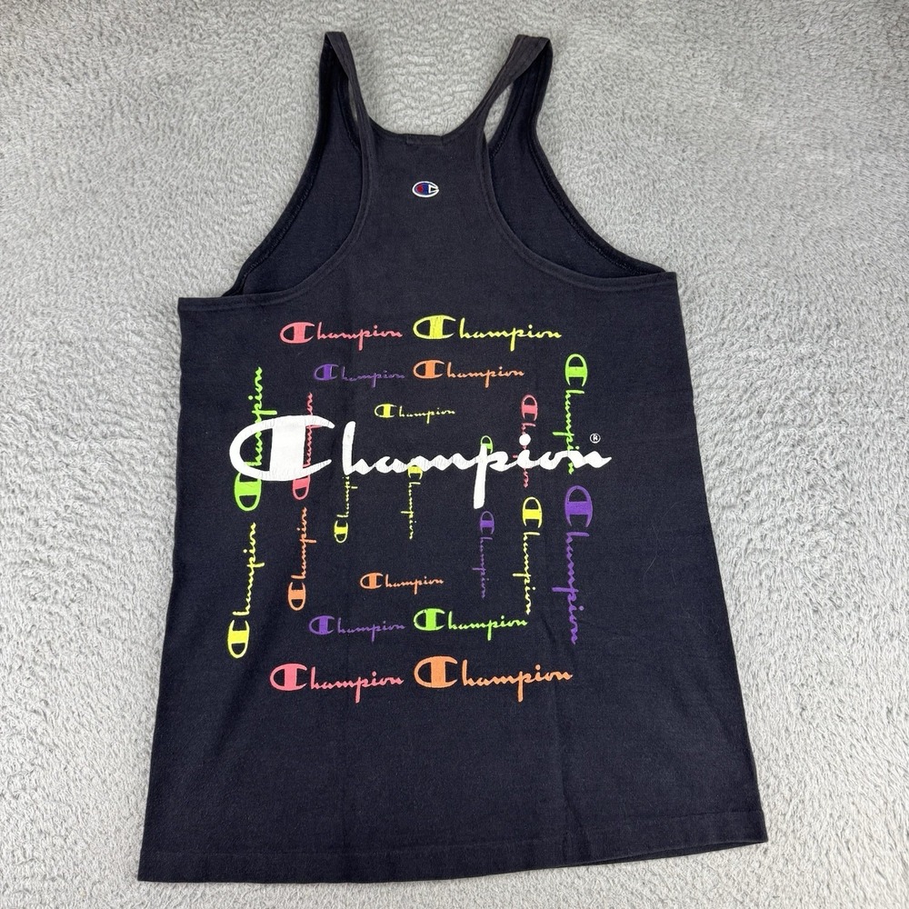 Vintage 80s M Champion Navy Black Racer Back Tank Top Medium Made in USA Muscle